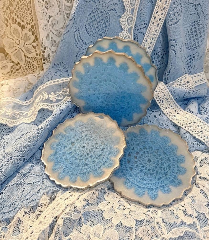 Blue Lace Resin Coaster Set with Holder – Vintage Crochet Coasters, Cottagecore Home Decor Gift